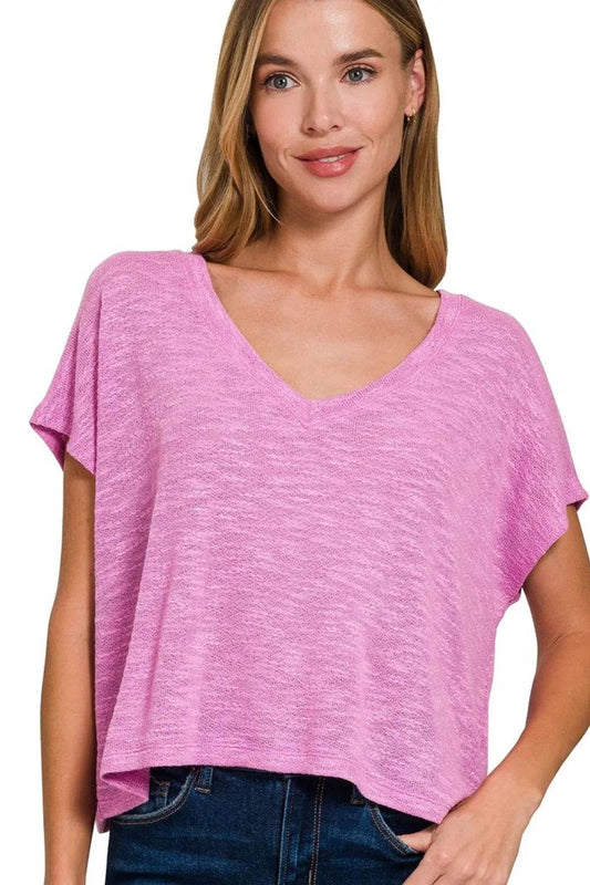 Zenana Hacci Slub V-neck Drop Shoulder Crop Top BRIGHT MAUVE Trendsi 17f2956c-54fe-48a8-905f-8cb935e5653a-Max-Origin