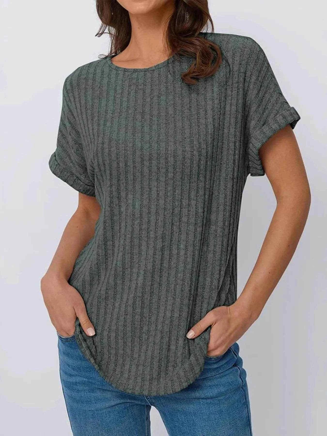 Casual Ribbed Knit Short Sleeve T-Shirt Dark Green Trendsi 17f7699d7d414340a874b92962105466-Max-Origin