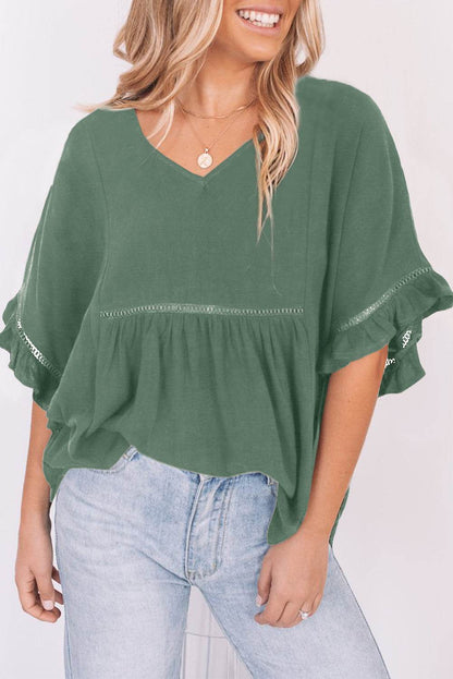 V-Neck Flounce Sleeve Babydoll Blouse Mid Green Trendsi 180113b5d6414f73b31b2cf39e48dfaf-Max
