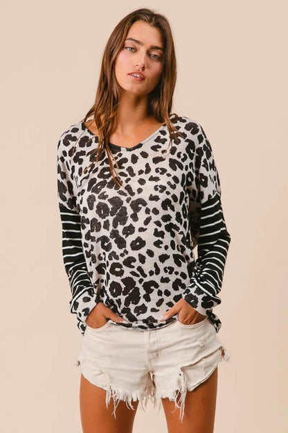 BiBi Leopard Hacci Knit Twist Back Top With Stripe Sleeve Trendsi 1807ed1a170e4626ad61c3caf46dd1a7-Max-Origin