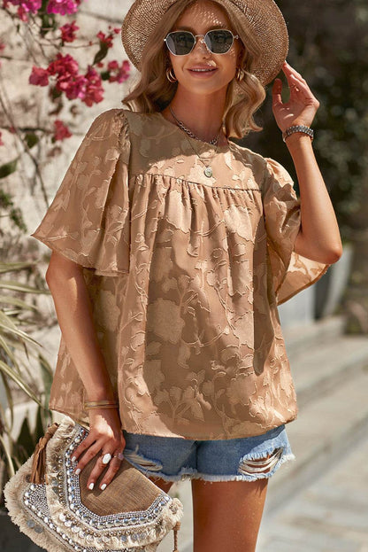 Round Neck Puff Sleeve Blouse Camel Trendsi 1808f6af2449473588f8bd0e784e785c-Max