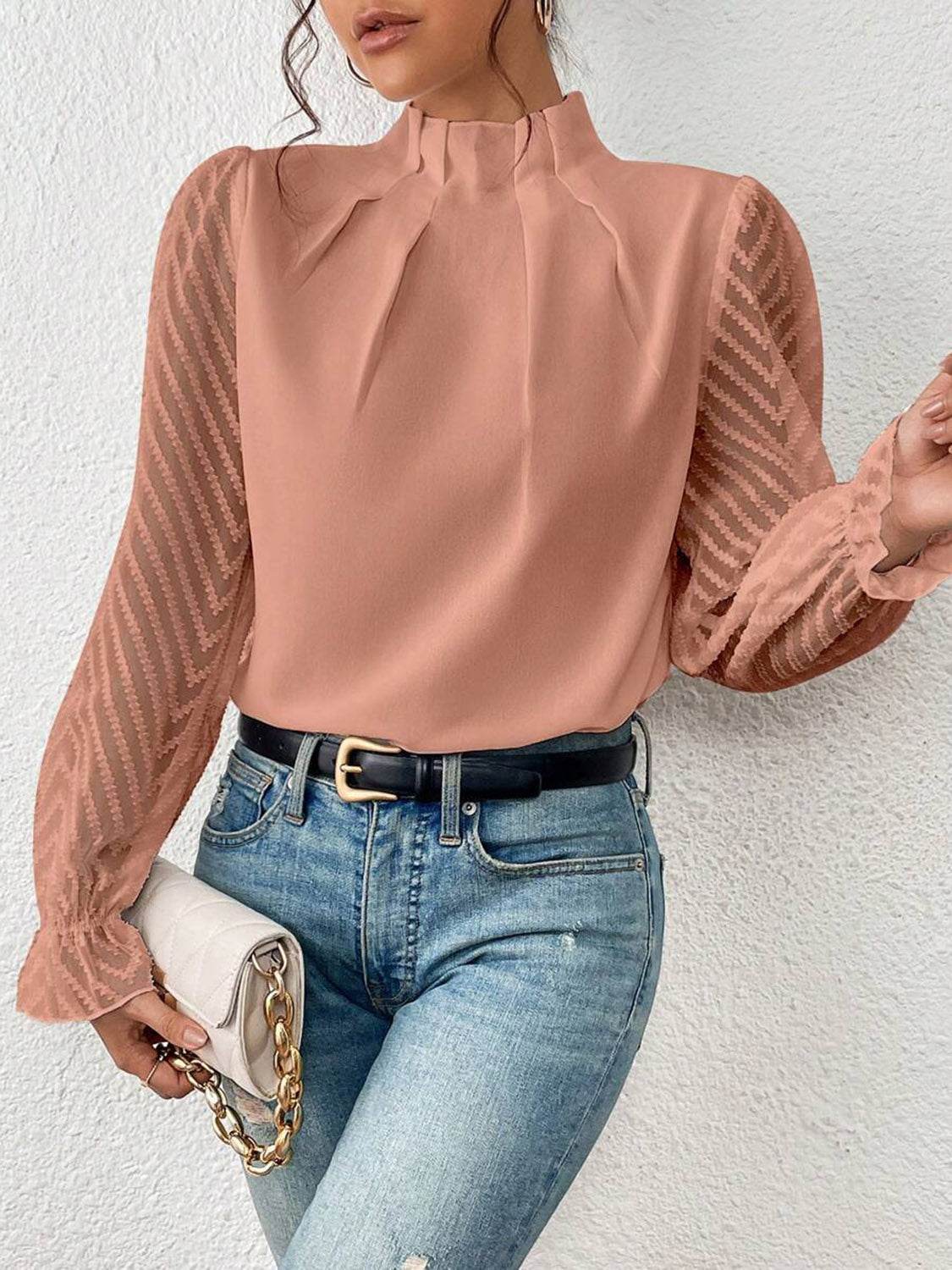 Mock Neck Flounce Sleeve Blouse Trendsi 180fb33603934932abc2575e9e35fbd2-Max