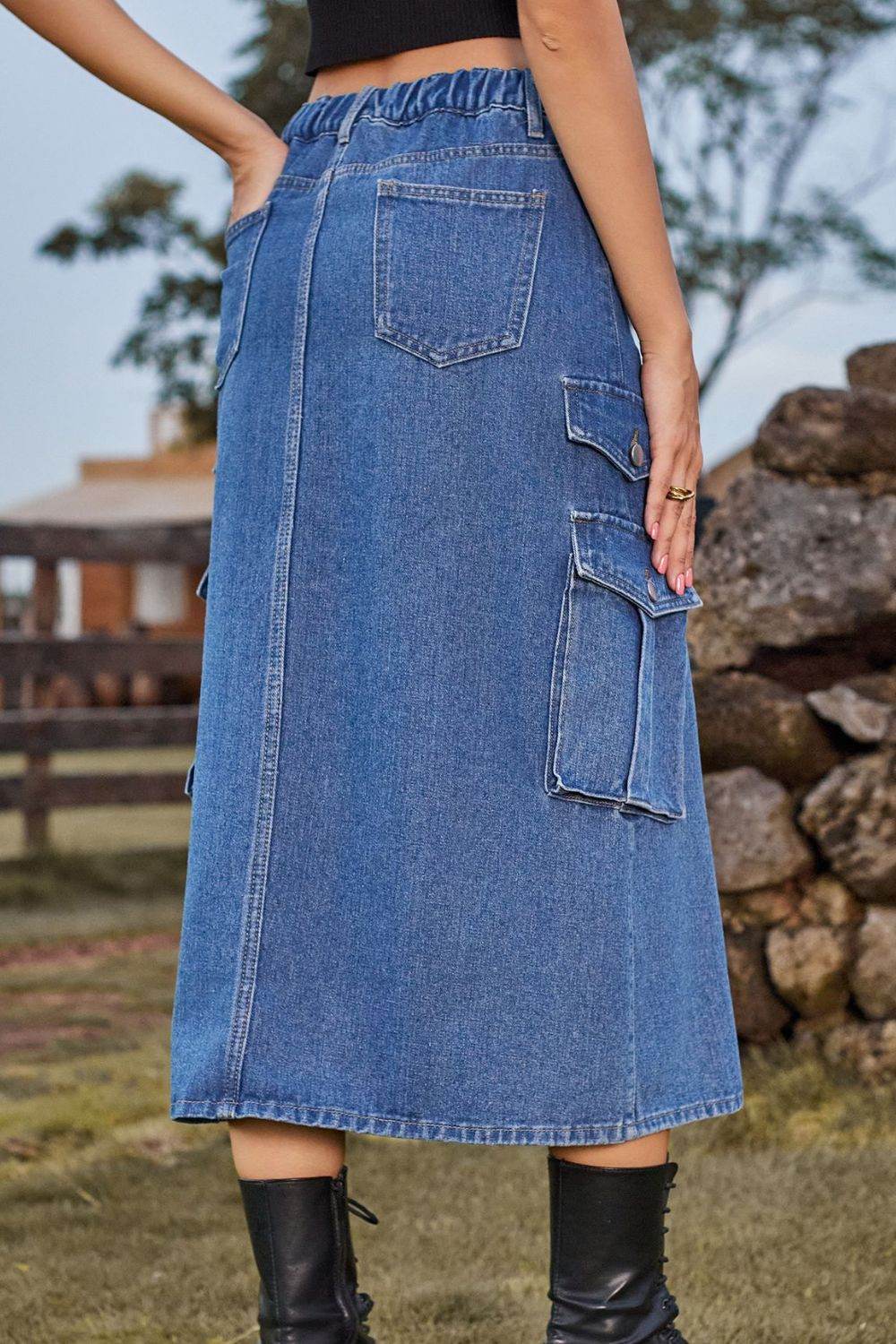 Slit Front Midi Denim Skirt with Pockets Trendsi 1819366c6fe64fa8b9f4391daf76fad9-Max