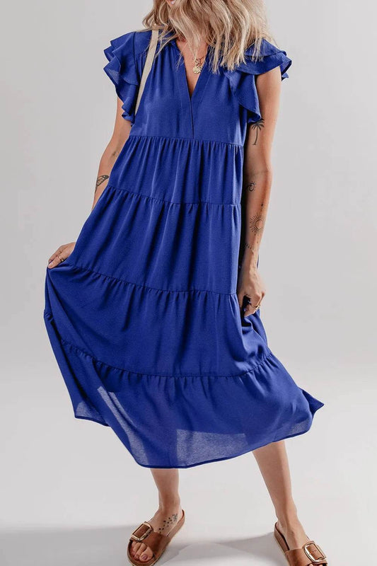 Ruffled Short Sleeve Collared V Neck Tiered Midi Dress Light Indigo Trendsi 18339cc6-a6f7-4340-8799-6d769c80f04e-Max