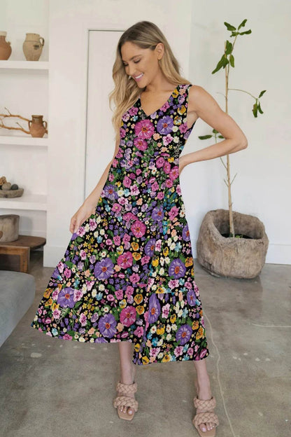 FAM-FAM Tiered Printed V-Neck Sleeveless Dress Floral Trendsi 18469df2-40c0-49ca-ad39-5de9946f0012-Max