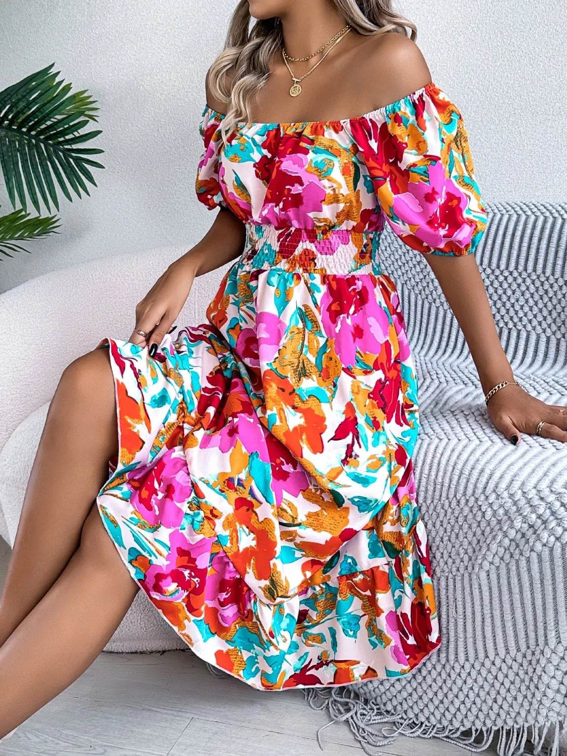 Ruffled Hem Smocked Floral Short Sleeve Midi Dress Trendsi 1850d669-0914-4a6b-938f-3f6663698cfd-Max-Origin