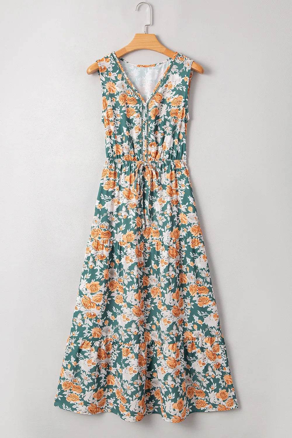 Floral Print Trimmed V Neck Tie Waist Sleeveless Dress Trendsi 1861dcb8-db1d-4f16-a296-3919cf54f46d-Max-Origin
