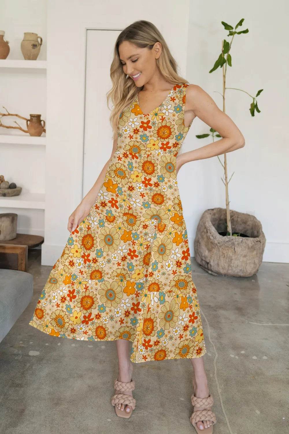 FAM-FAM Tiered Printed V-Neck Sleeveless Dress Light Yellow Trendsi 18e581d1-2a4a-4874-8593-f3b6a338c598-Max