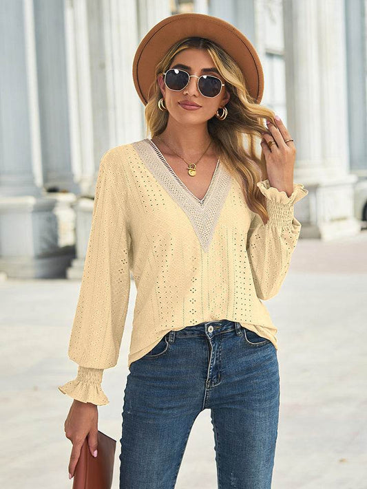 V-Neck Eyelet Flounce Sleeve Blouse Canary Yellow Trendsi 18ed72cb3c134904b8a6c823071af68a-Max