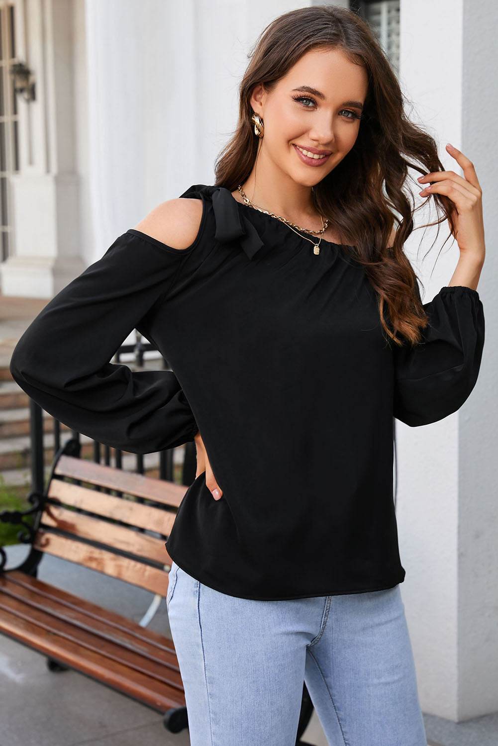 Tied Asymmetrical Neck Cold-Shoulder Blouse Trendsi 192335a160ec48cd94e4f9eed1c27697-Max