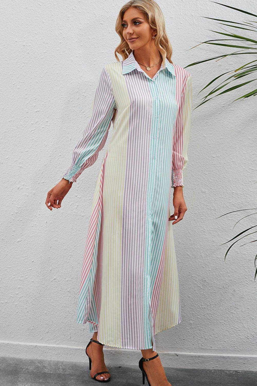 Rainbow Stripe Button-Up Maxi Shirt Dress Trendsi 1930e8430ddb407390a26c79ab65b1fa-Max
