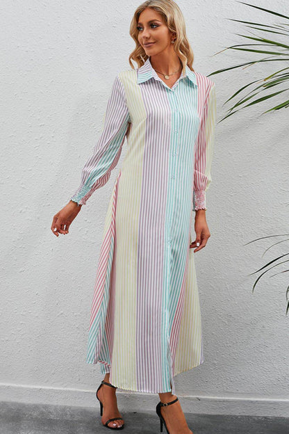 Rainbow Stripe Button-Up Maxi Shirt Dress Trendsi 1930e8430ddb407390a26c79ab65b1fa-Max