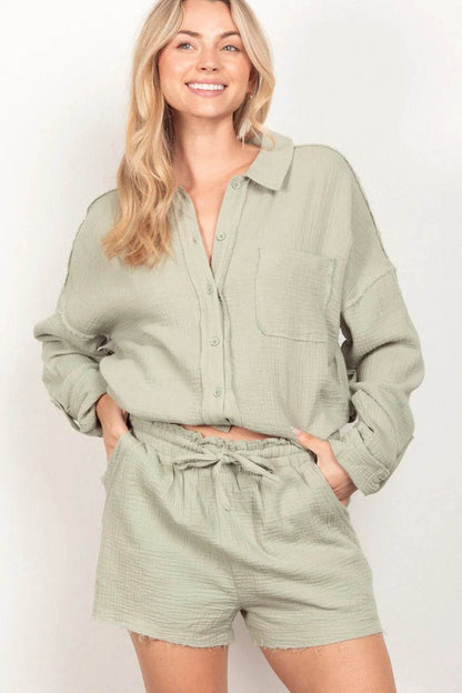 VERY J Texture Button Up Shirt and Shorts Set Sage Trendsi 197e3d74-f07a-4d7f-8275-1c1c788a0667-Max