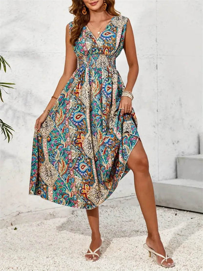 Smocked Printed Surplice Sleeveless Midi Dress Trendsi 1980faaa-62cd-4629-8825-b3492cf9f6d6-Max