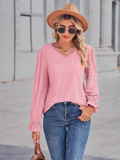 Eyelet V-Neck Flounce Sleeve Blouse Blush Pink Trendsi 198b6b51ece4450998c6e906b63dd3b5-Max