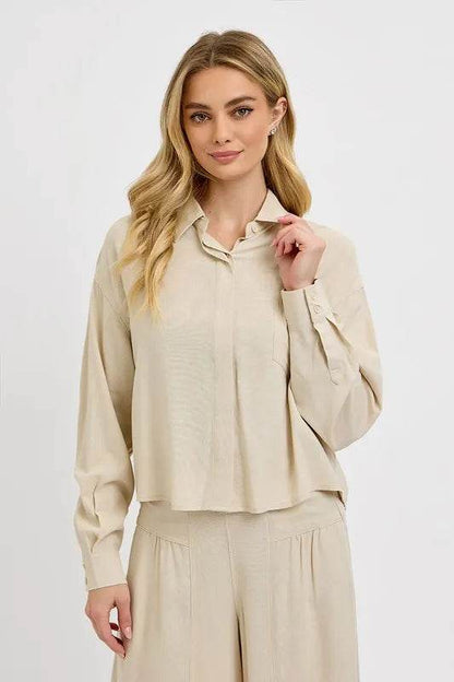 RISEN Button Down Long Sleeve Shirt TAUPE Trendsi 1a0a4273-2892-4815-9451-7aca49dd4681-Max