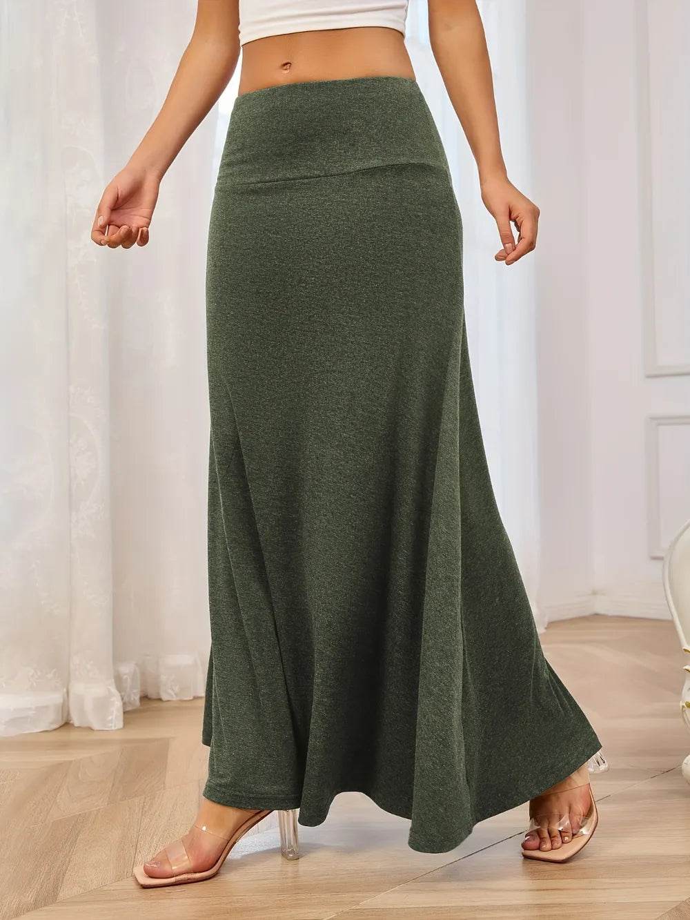 Solid Elastic Waist Maxi Skirt Army Green Trendsi 1a233c42-962b-4cea-903a-b453a016fd36-Max