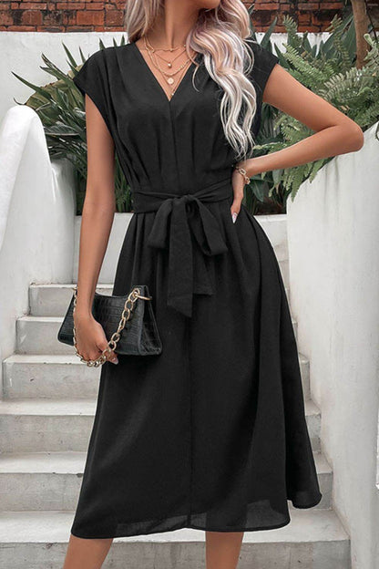 Perfee Tie Belt V-Neck Pleated Dress Black Trendsi 1a393354e44a4a668b0833a72e2815fe-Max
