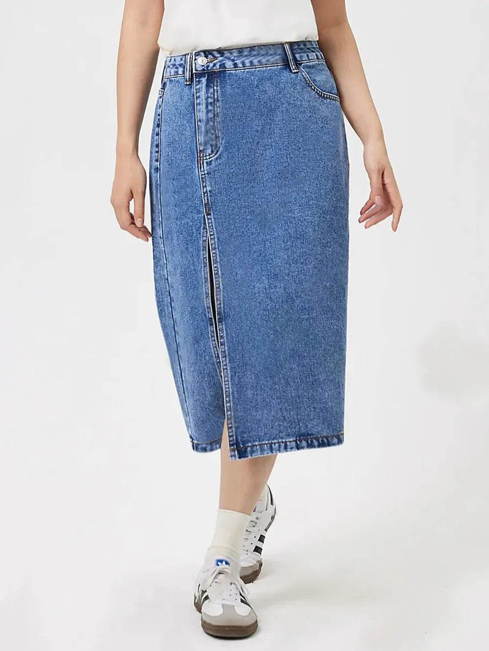Slit Midi Denim Skirt with Pockets Trendsi 1a58a46e-4c3b-4dbb-86ad-9a8acc17a232-Max