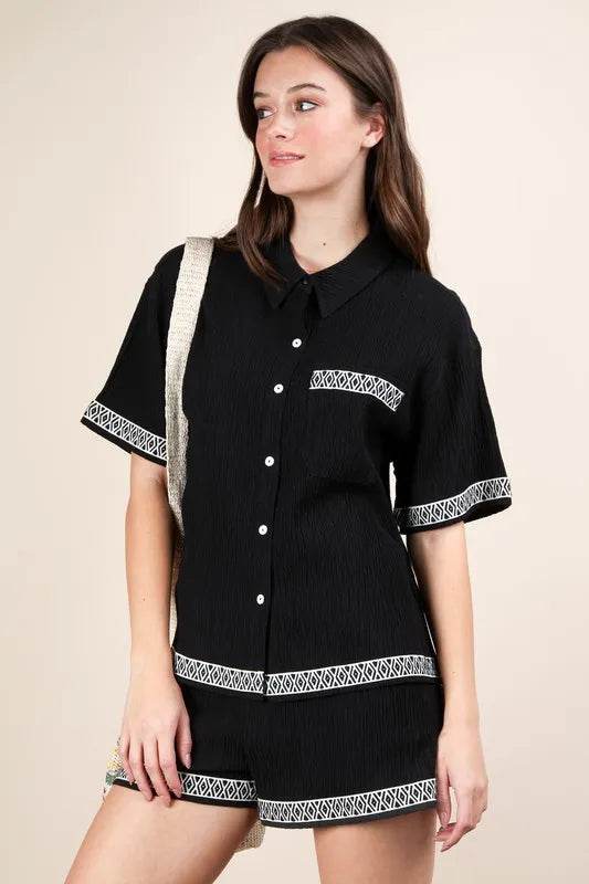 VERY J Crinkled Woven Shirt Top & Shorts Set Trendsi 1a73d072de0b43b490c7d73848c46454-Max-Origin