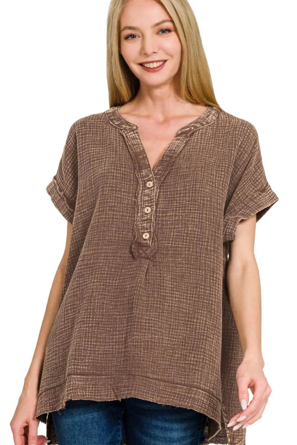 Zenana Washed Double Gauze 3/4 Button Henley Neck Shirt Trendsi 1a875eef-d2bd-4e12-9295-fca5bb090368-Max-Origin