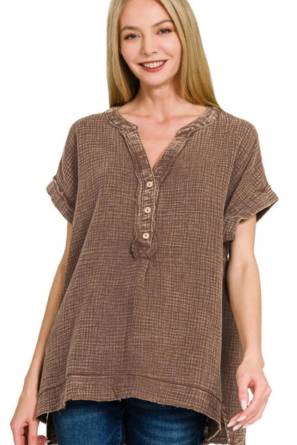 Zenana Washed Double Gauze 3/4 Button Henley Neck Shirt Trendsi 1a875eef-d2bd-4e12-9295-fca5bb090368-Max-Origin
