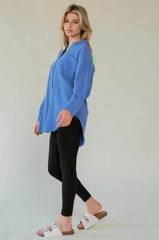 Davi & Dani Letter Back Raw Hem Half Button Shirt Trendsi 1ac81ff9-11ca-4ece-b1f0-d116de496310-Max