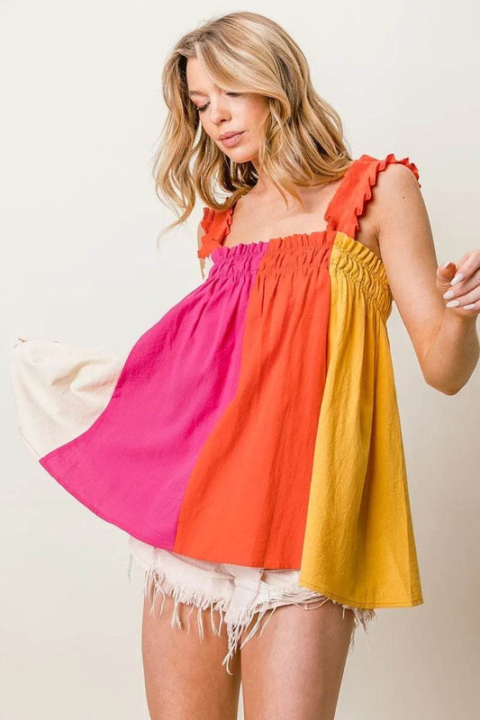 BiBi Frill Shoulder Strap Color Block Bodice Top Trendsi 1ad86c5b278d4aa99641eb1c85727feb-Max-Origin