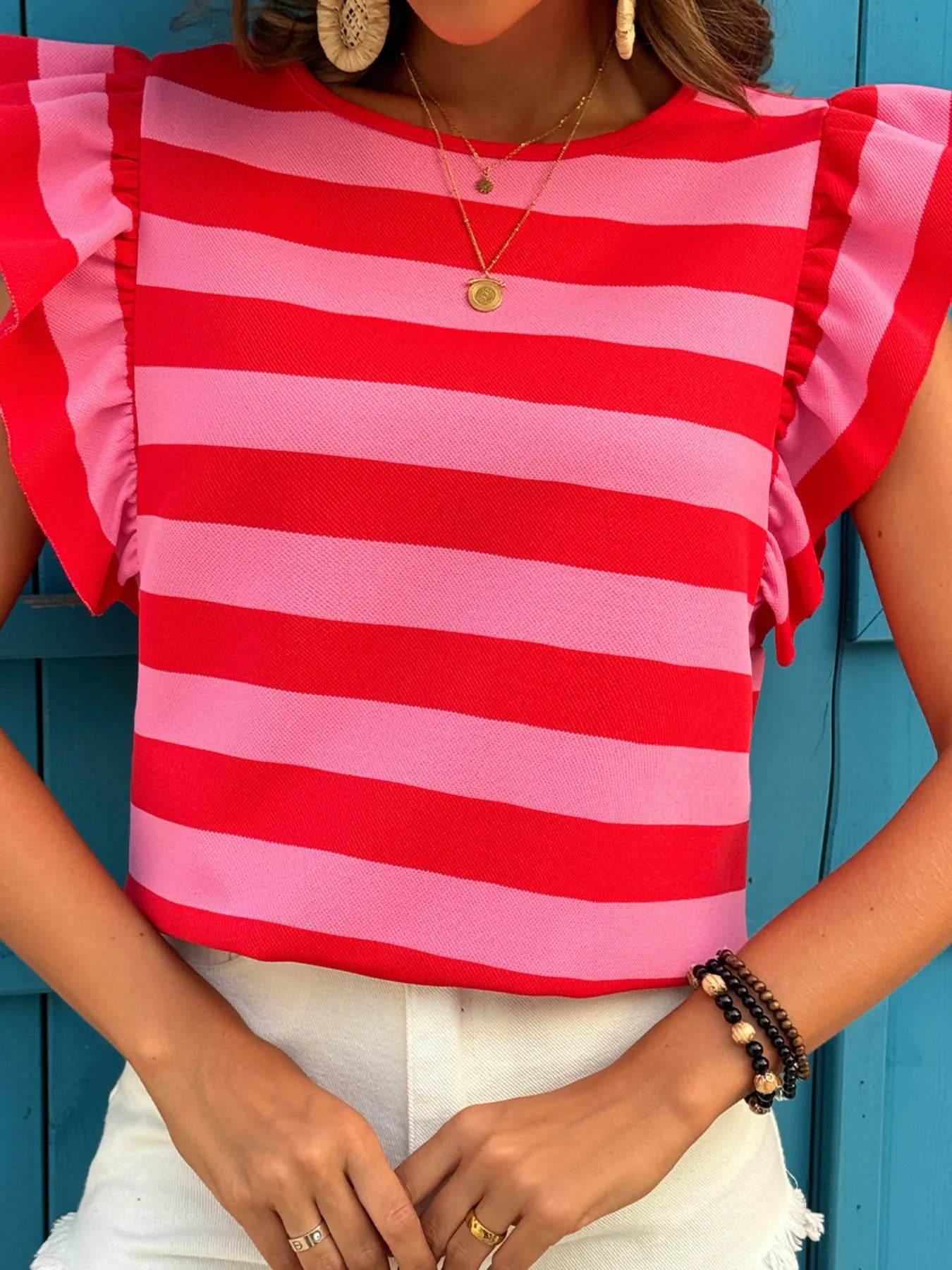 Contrast Striped Ruffle Sleeve T-Shirt Trendsi 1ae2d775d9fd433a96144b7c4561f7db-Max-Origin