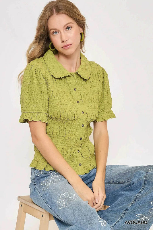 Umgee Smocked Short Sleeve Button-Front Shirt with Peter Pan Collar AVOCADO Trendsi 1aeac9e2-5dc9-4e8d-8aef-2d69c3adaa19-Max-Origin