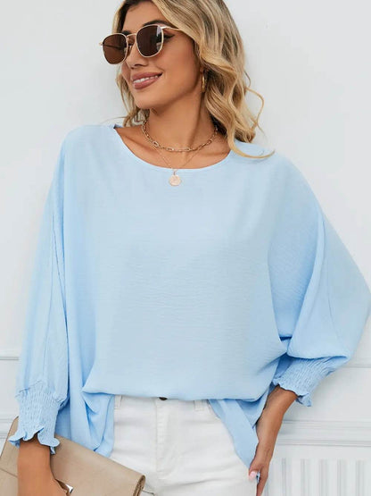 Smocked Lantern Sleeve Round Neck Blouse Trendsi 1af0b00bae644295b208b853b7f2a4f8-Max