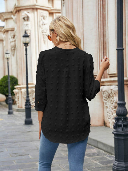 Swiss Dot Notched Neck Blouse Trendsi 1b002227fe484d4aa259d11570de44bd-Max