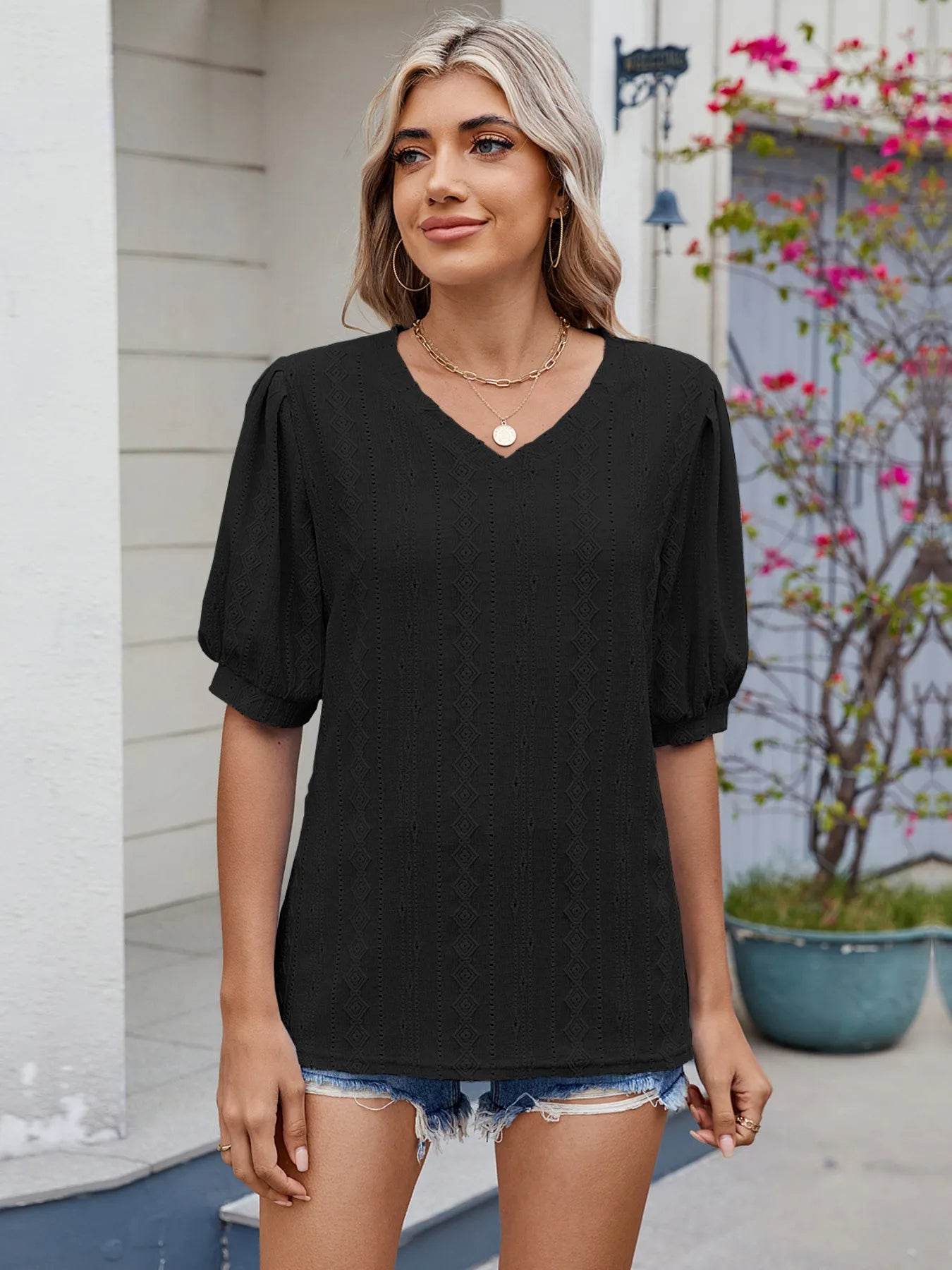 Eyelet V-Neck Puff Sleeve Casual Top Trendsi 1b020f91fa07496996d63082a72fc1e2-Max-Origin
