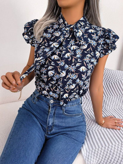 Floral Tie Neck Flutter Sleeve Blouse Dark Blue Trendsi 1b05452e4ffc49f6a7bc25a31e53d789-Max