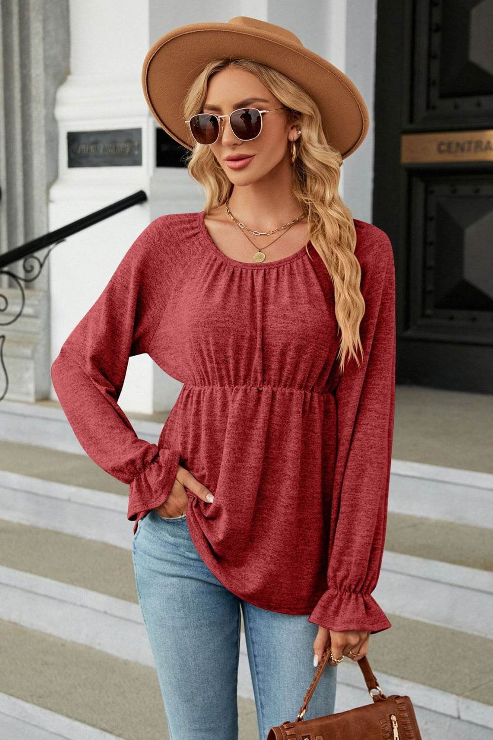 Round Neck Flounce Sleeve Blouse Rust Trendsi 1b3c553b06694e188e4df9da2179bcd5-Max