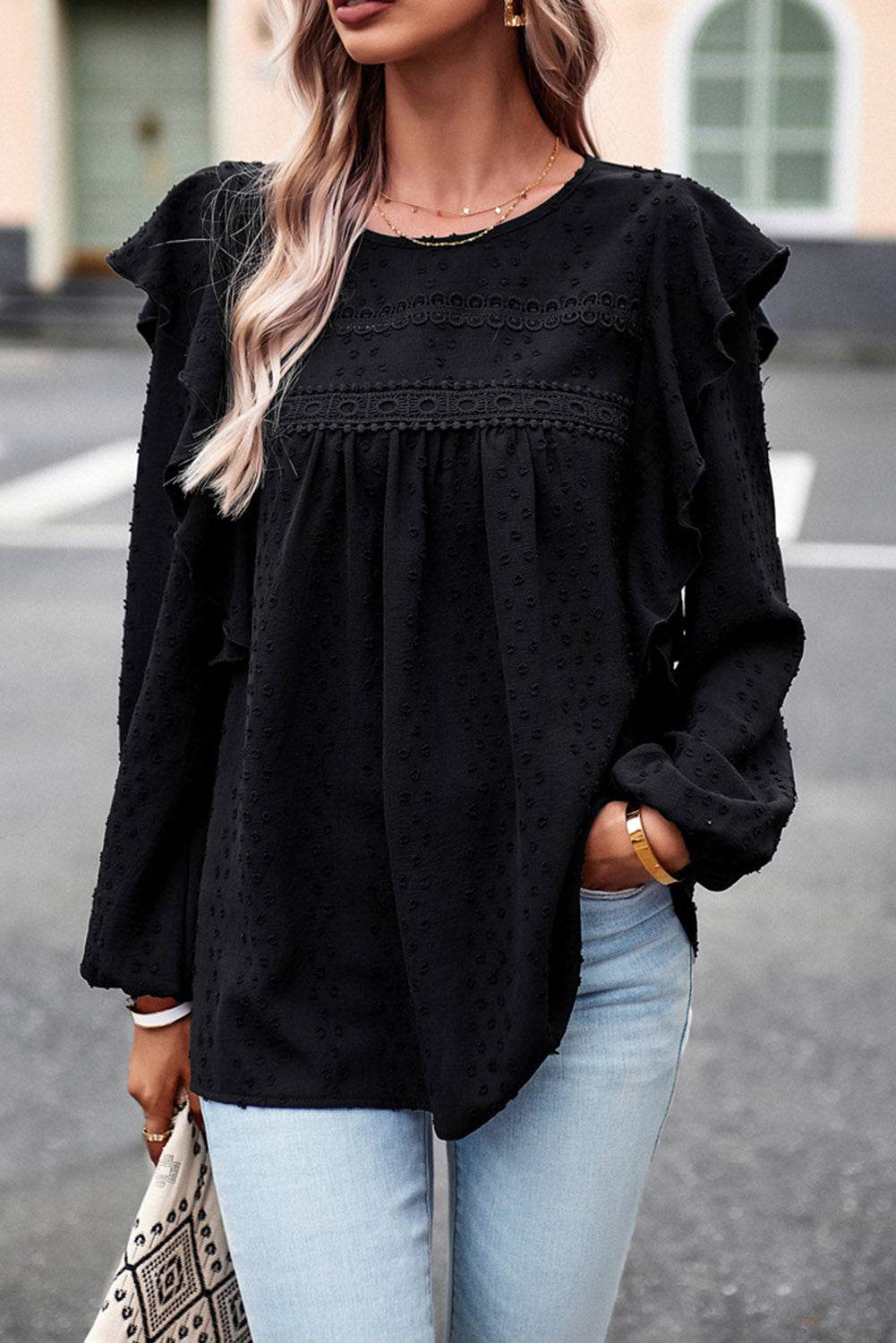 Round Neck Ruffled Blouse Black Trendsi 1b45fb31b1b648019891394d6a0d4980-Max