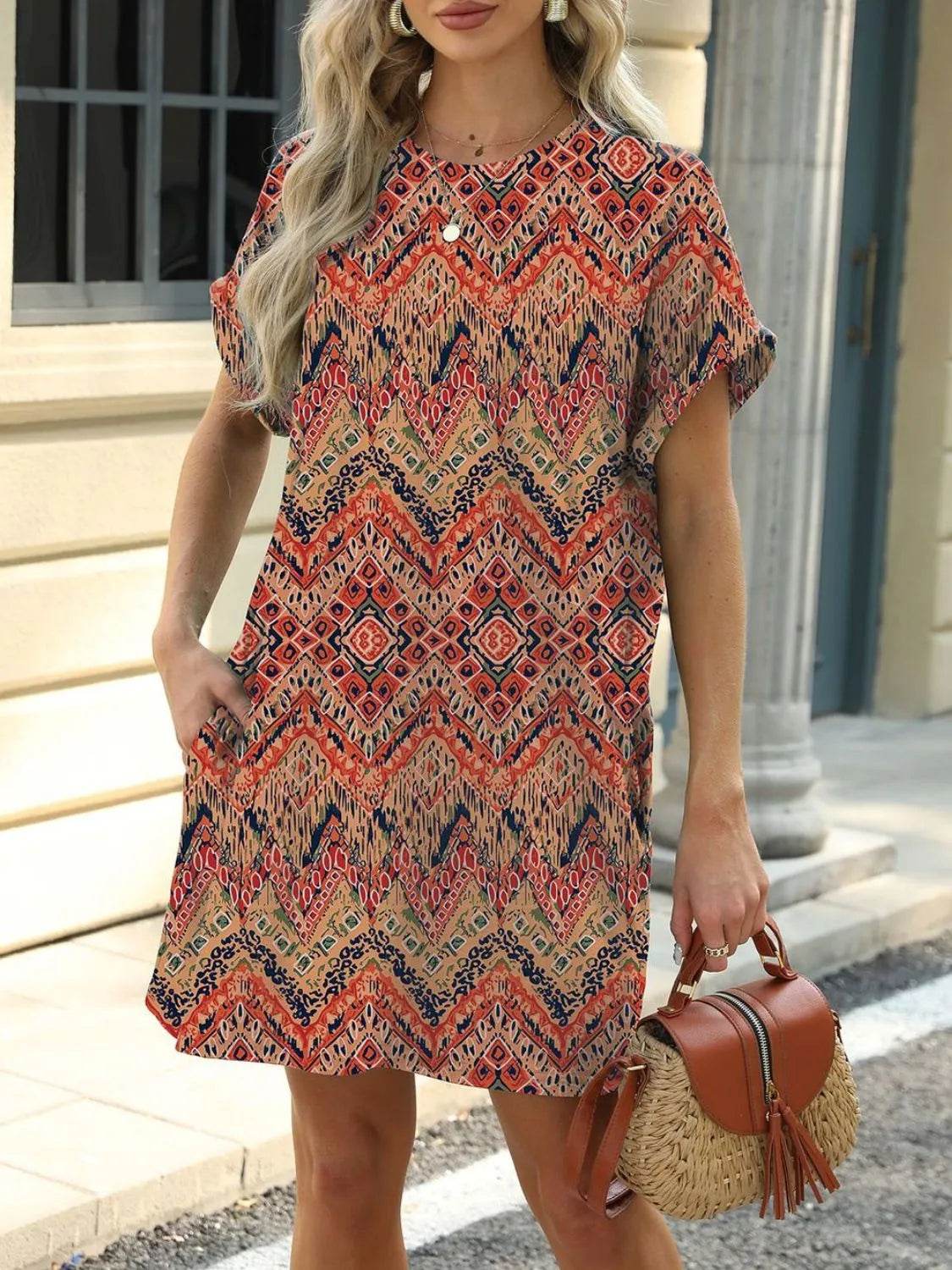 Printed Round Neck Short Sleeve Mini Dress Terracotta Trendsi 1b4c76b9-cc3a-4ab7-bfb1-4df4ae6f645d-Max-Origin