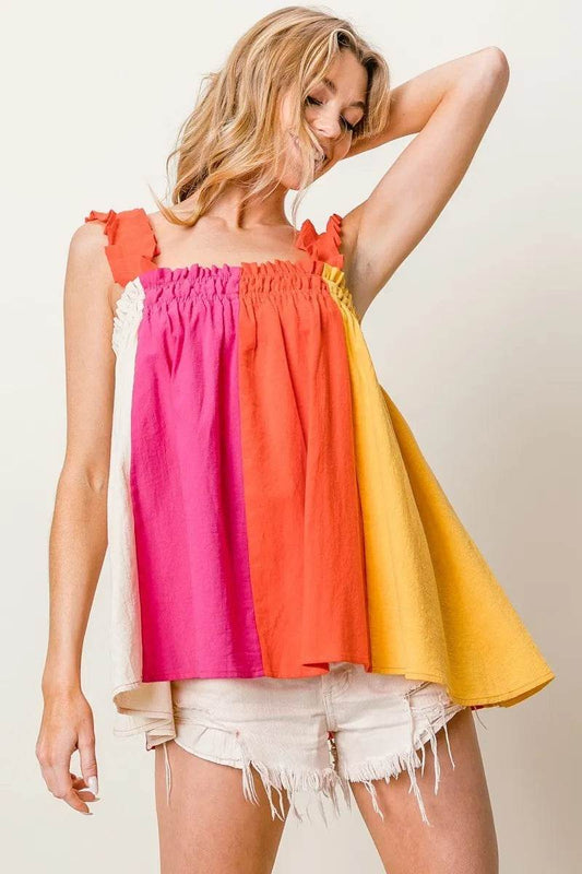 BiBi Frill Shoulder Strap Color Block Bodice Top Trendsi 1b578f4add154850b05d4e44714f3590-Max-Origin