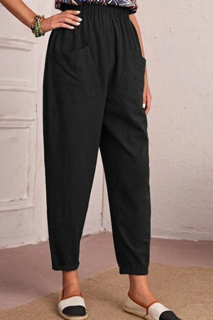 Elastic Waist Pocket Tapered Pants Trendsi 1b774a6577cb40c8ae849d5c912b5f07-Max
