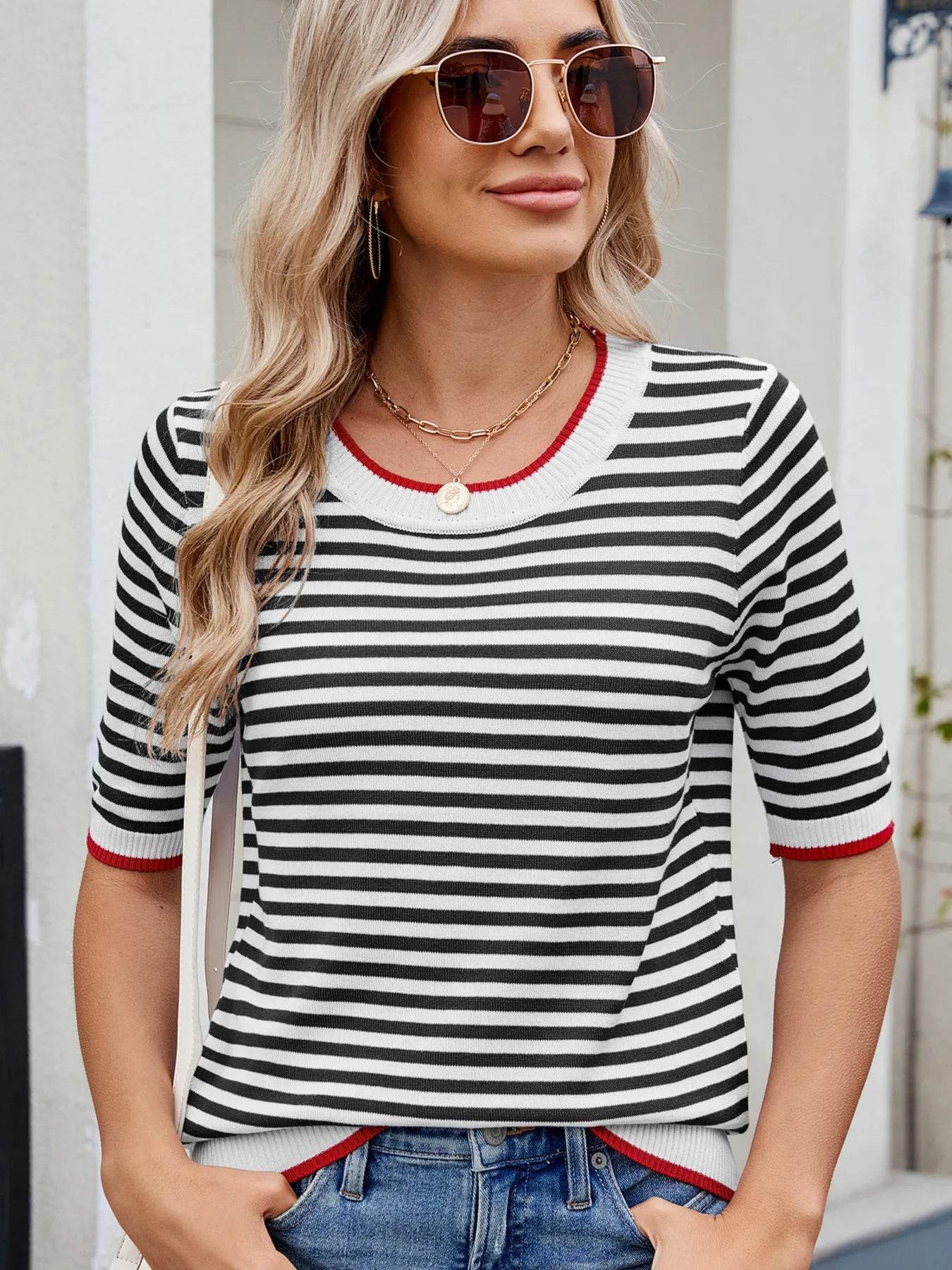 Striped Casual T-Shirt with Contrast Trim Black White Trendsi 1b8e89a87b0640719c8572bfc308656f-Max-Origin