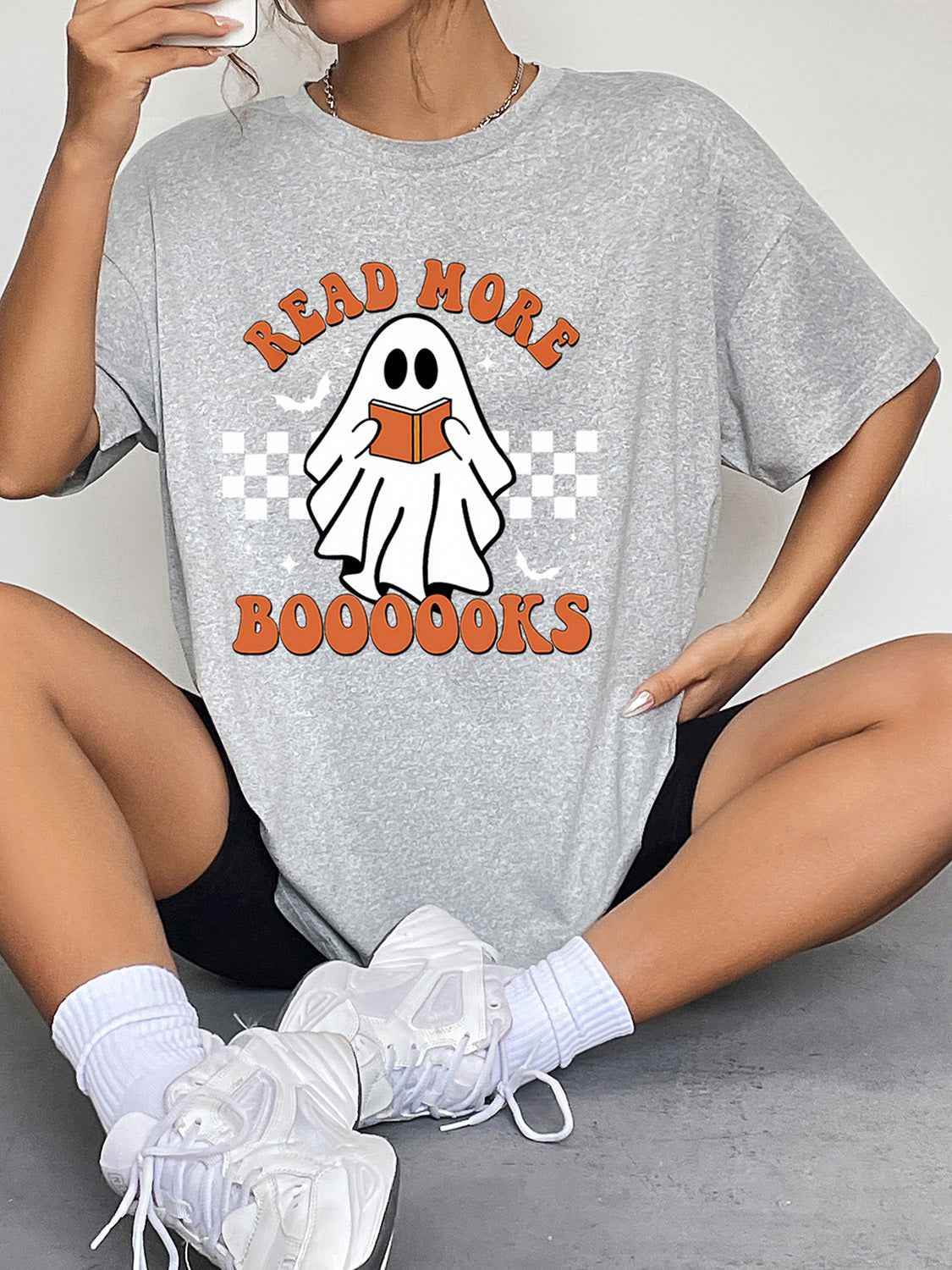 Round Neck Short Sleeve Ghost Graphic T-Shirt Cloudy Blue Trendsi 1b98efa656364592a5319c21ef1cf7ed-Max
