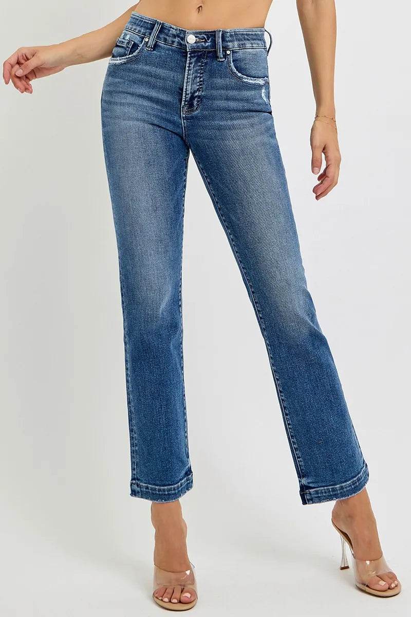 RISEN Full Size Tummy Control Elastic Band Mid Rise Straight Jeans Plus Size DARK Trendsi 1be95582921440db8d860e96da0bc5b9-Max-Origin