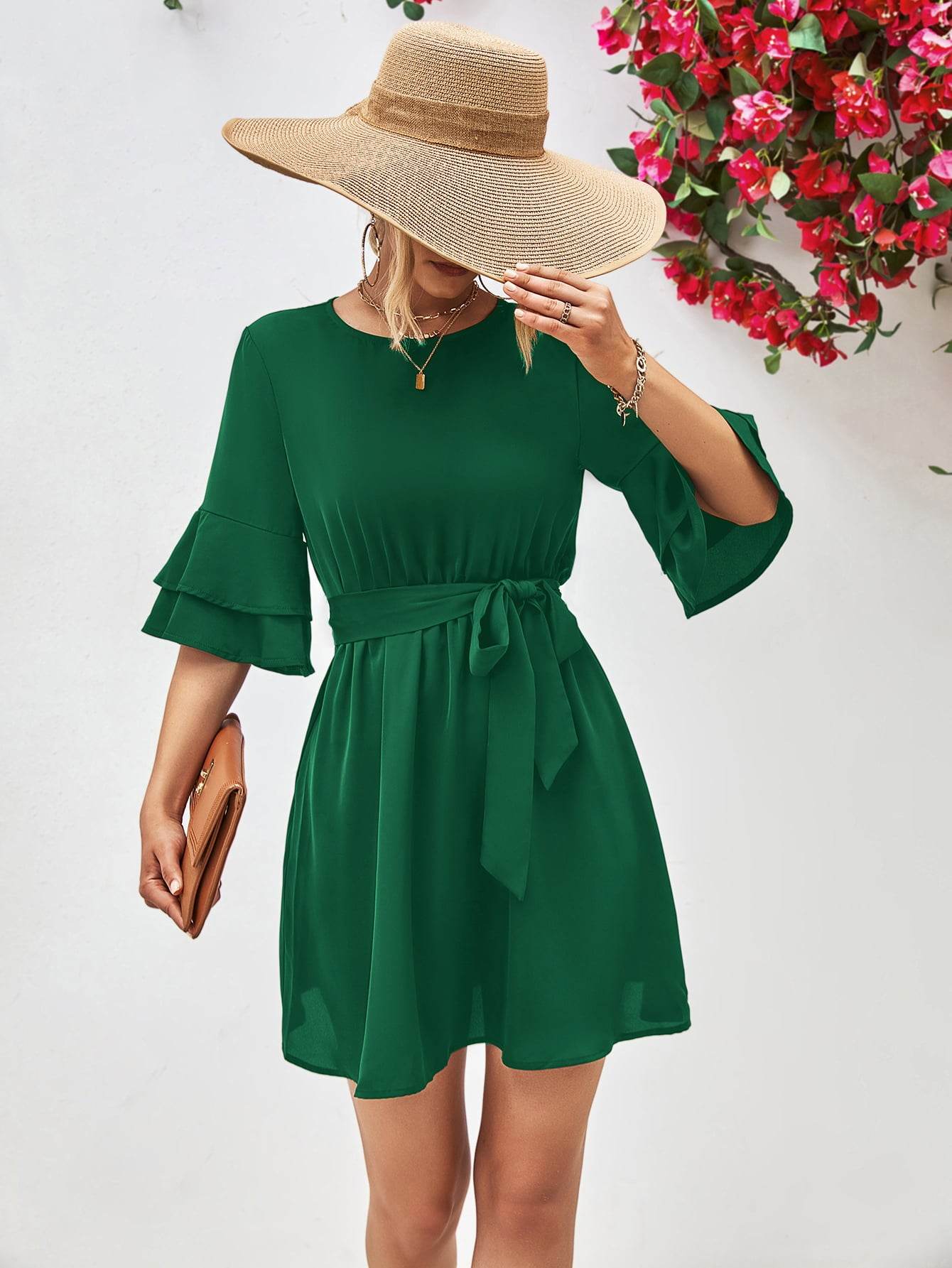 Round Neck Tie Belt Flounce Sleeve Dress Forest Trendsi 1c2de3fdbb04461fa5189cdbb24d63f1-Max
