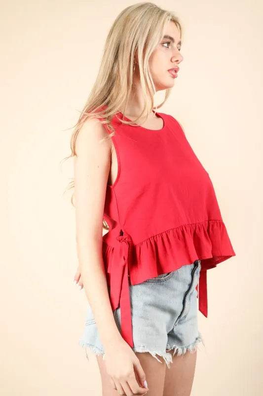 VERY J Side Tie Detail Ruffled Sleeveless Top Trendsi 1c9d0c972a5c4dee9aba7ff9ec6714a4-Max-Origin