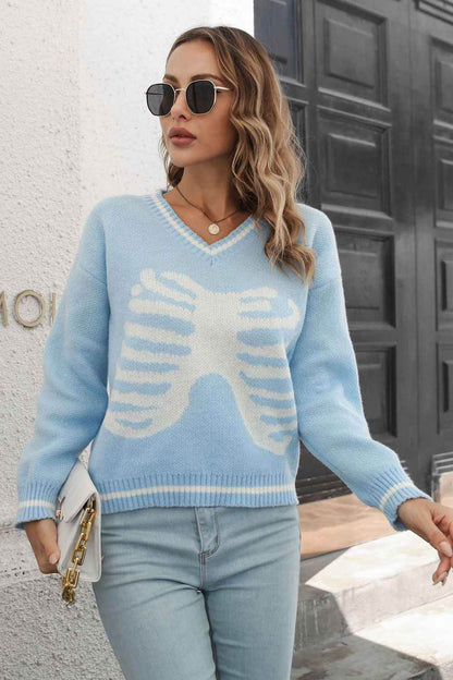 Skeleton Pattern V-Neck Long Sleeve Pullover Sweater Trendsi 1cb7fdfdec6a4ad19f59f22aaa3d4907-Max