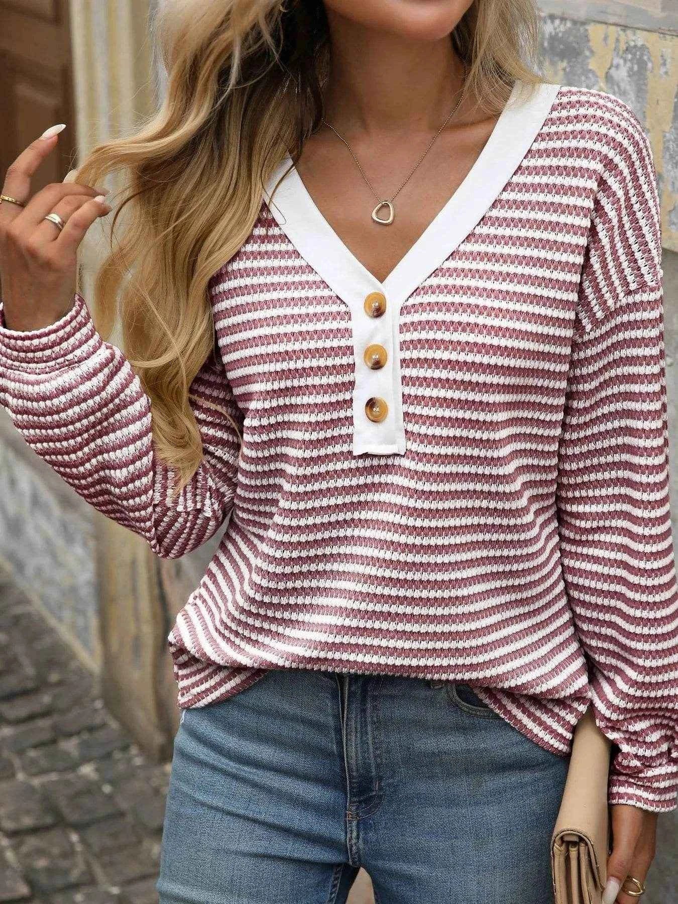 Striped V-Neck Button Front Casual Top Trendsi 1cbef70cf4e6475a85944563d4b10ce3-Max-Origin