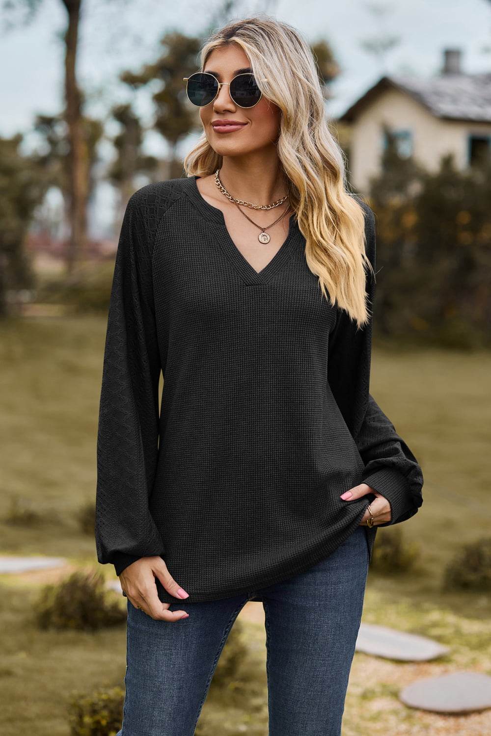 Notched Neck Raglan Sleeve Blouse Trendsi 1cc833d1401c4c03aaec2b63656a6701-Max