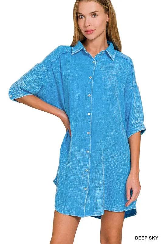 Zenana Washed Double Gauze Button Down Shirt Dress DEEP SKY Trendsi 1d2ca67236aa4176be8d458b0e722f05-Max-Origin
