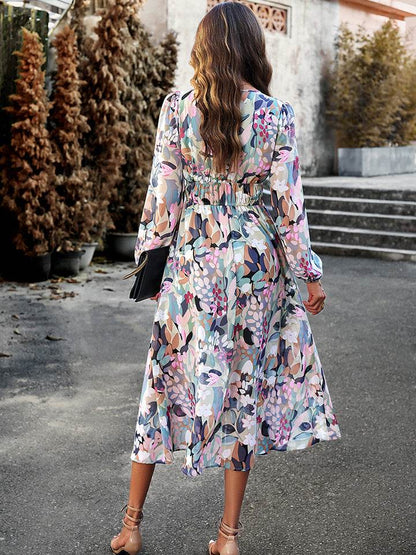 Devine Printed V-Neck Long Sleeve Midi Dress Trendsi 1d469dde0f9943489ce30c6e679284de-Max