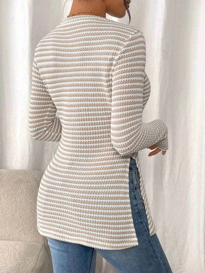 Side Slit Striped Long Sleeve T-Shirt Trendsi 1d4ecd80728f41f0920e74c500eb351f-Max-Origin
